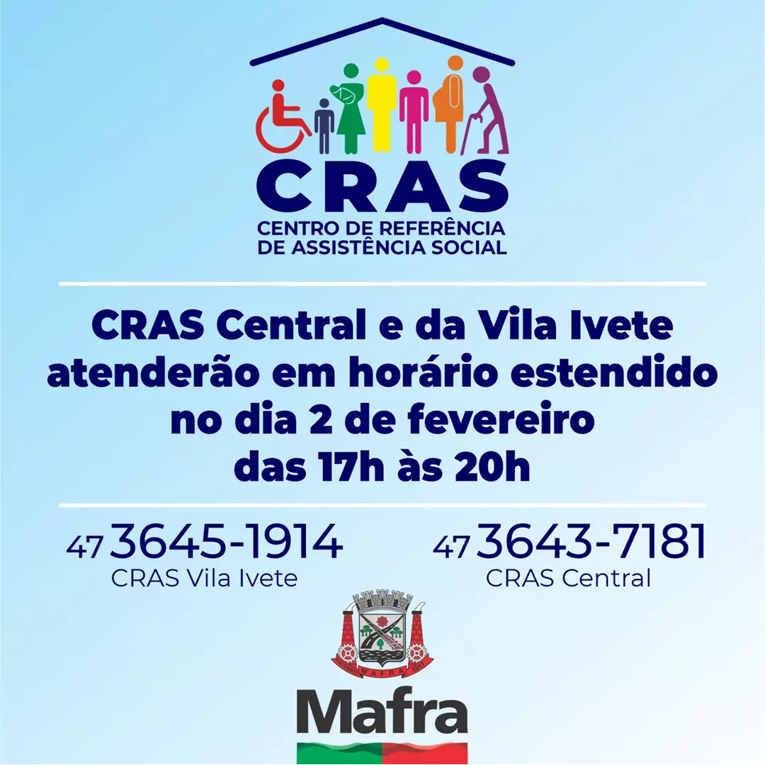 CRAS Central e da Vila Ivete atenderão em horário estendido no dia 2 de fevereiro